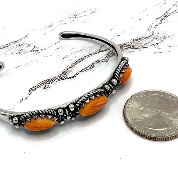 American West Orange Spiny Shell Sterling Silver 3-Stone Cuff Bracelet 6-1/4" - Picture 5 of 5